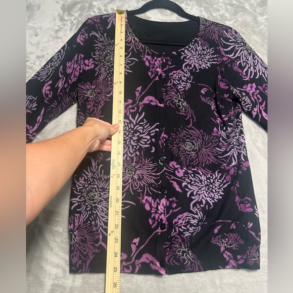 Floral Artsy 3/4 Sleeve Cardigan Sweater Purple Librarian No Size - Picture 5 of 6